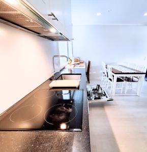 ロヴァニエミにあるVilla Repoのキッチン(黒いカウンタートップ、テーブル付) +3枚の写真