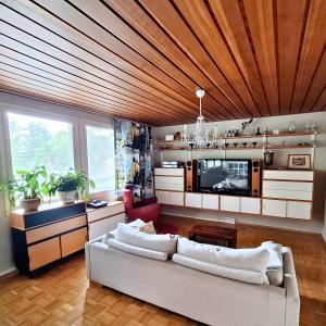 ロヴァニエミにあるVilla Repoのソファとテレビのあるリビングルーム
