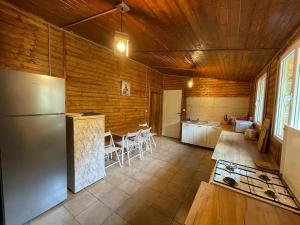 a kitchen with a stainless steel refrigerator in a room at Sofia Lake House in Lunca Mare