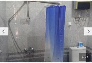 a shower with a blue shower curtain in a bathroom at Farmer's House B&B in Areni