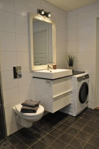 une salle de bain avec toilettes et lavabo et une machine à laver dans l'établissement Leilighet sentralt på Sjusjøen, 11 sengeplasser, à Ringsaker