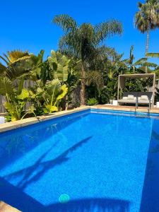 a large blue swimming pool with palm trees at Bonaire Beach House in Alcudia