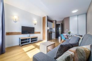 Una sala de estar con un sofá y un televisor. en Disneyland Appartements familial avec piscine intérieur chauffé, parking gratuit A 5 minutes des parcs, en Serris
