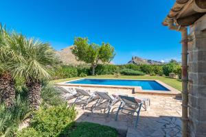 a yard with a pool with chairs and a palm tree at Villa Pedra Vista by Sealand Villas in El Port