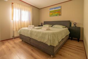 a bedroom with a large bed and a window at Grasheide: Modern in Drenthe (4p) in Erm