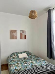 a bedroom with a bed and a pendant light at Agréable T2, proche plage G in Rosendaël