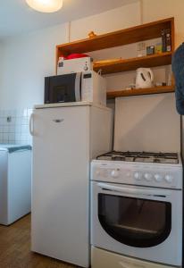 une cuisine avec une cuisinière et un réfrigérateur dans l'établissement Gîte Gîtes de France 2/4 personnes au Fau de Peyre, à Fau-de-Peyre