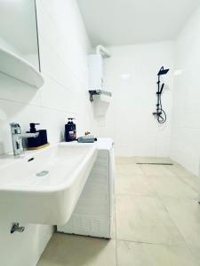 维也纳4BR Shared Apt with City View Only 7- Min to Westbahnhof的白色的浴室设有水槽和镜子 更多37张照片