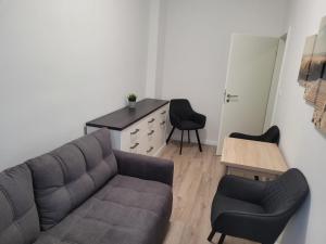 a living room with a couch and a table and chairs at Werder Appartements Rostock in Rostock