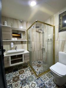 un bagno con doccia, WC e lavandino di Ayder Villa Gencal ad Ayder Yaylasi