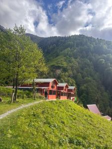 a red building on top of a green hill at Ayder Villa Gencal in Ayder Yaylasi
