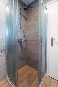 a shower with a glass door in a bathroom at Apartments Sandra in Okrug Donji +103 photos