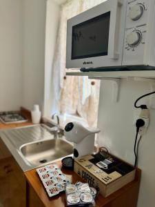 a kitchen with a sink and a computer monitor on a counter at Casa Katarina in Calatafimi
