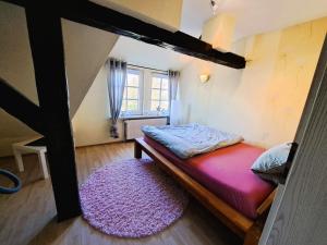 a small room with a bed and a pink rug at Ferienwohnung "Weit Blick" Objekt-ID 15678-6 in Neu Schloen