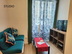 ein Wohnzimmer mit einer grünen Couch und einem Fenster in der Unterkunft Studio Hikoki in Dinan