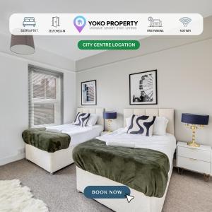 two beds in a white room with two lamps at Charming House in Prime Location - Sleeps 7 - Free Parking, Fast WiFi, Smart TV with Netflix and Virgin TV by Yoko Property in Northampton
