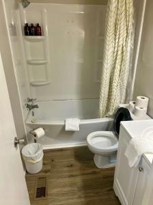 a bathroom with a toilet and a tub and a sink at Banks of the Chattahoochee Cottage Walk to Dining in Columbus
