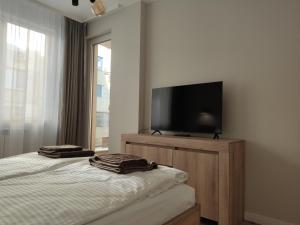 una camera con TV a schermo piatto e letto di Апартамент за настаняване ВИКИ a Vratsa
