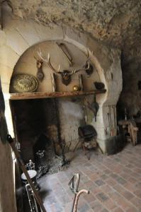 a room with a fireplace in a stone building at Loft de Dimeray in Trôo