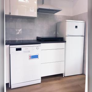 ユトレヒトにあるDomCity Apt Near Amsterdam Bikes Included One mile to City Centreのキッチン(白い家電製品、白い冷蔵庫付)