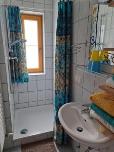 W łazience znajduje się wanna z prysznicem i umywalka. w obiekcie Apartment Katzer w mieście Tröpolach