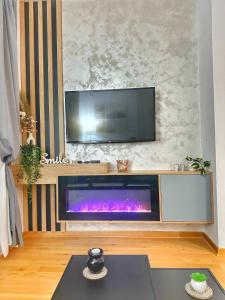 a living room with a fire place under a tv at Apartman Njegoš Lux Titova vila in Palisad
