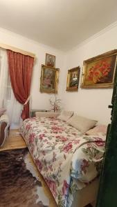 a bedroom with a bed and pictures on the wall at Vikendica Nada in Ljubovija