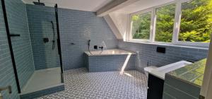 a blue tiled bathroom with a shower and a sink at Ruhiges Haus im Grünen mit Whirlpool & 3 Schlafzimmern nahe Messe Essen in Essen +22 photos