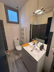 a bathroom with a sink and a toilet and a mirror at L'Impérial in Auxerre +2 photos