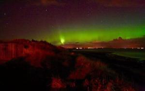 an aurora in the sky over a field at night at Bird's Bay cresswell towers in Cresswell