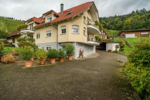 a large house with potted plants in a driveway at Ferienhof Mayer in Lautenbach