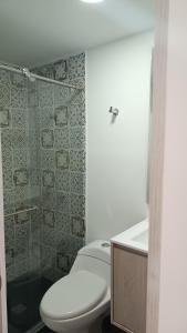 a bathroom with a toilet and a shower and a sink at Vivienda Turística Ángel R2 in Salento +12 photos