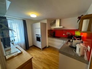a kitchen with red and white appliances in a room at Guesthouse Mozart - Apartment House in Salzburg
