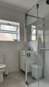 a bathroom with a toilet and a glass shower at Casa Cidalisa in Povoação +51 photos