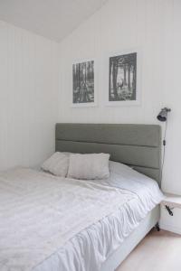 a bedroom with a white bed with two pictures on the wall at Vienis glamping - cozy and private forest house in Randamonys