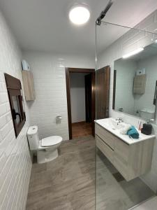 une salle de bain avec toilettes, lavabo et douche dans l'établissement Casa Rural Camino de la Fuente, à Teroleja