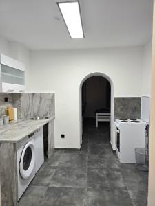 a kitchen with a washer and dryer in it at Rentcenter79 in Donawitz