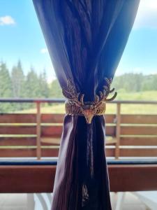 einem blauen Vorhang vor einem Fenster in der Unterkunft Студио PANORAMA MOUNTAIN, до ски писта Пампорово-Стойките in Stoykite