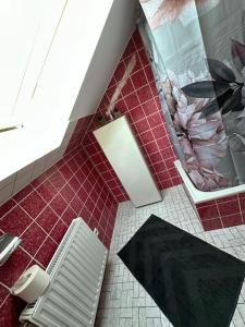 a bathroom with a red tiled floor and a toilet at Ferienwohnung im Deister in Springe