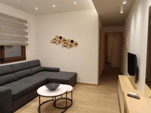 a living room with a couch and a table at "Meteora Magic" apartments in Kalabaka