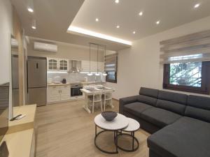 卡兰巴卡"Meteora Magic" apartments的客厅里有一张沙发和一张桌子。