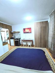 a large blue rug in a room with a kitchen at Астана аэропорт студия in Prigorodnyy