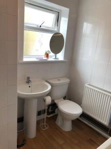 a bathroom with a toilet and a sink and a window at Bluebirds villa in Padstow