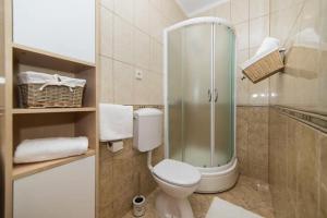 a bathroom with a toilet and a glass shower at Apartments Luxury apartments in Ploče +23 photos