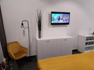 a room with a tv on the wall and a chair at Schwarzwald City Loft 1 in Villingen-Schwenningen