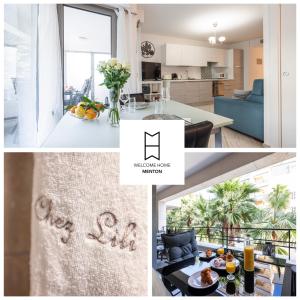 un collage de photos d'une cuisine et d'un salon dans l'établissement Studio Centre Terrasse Climatisation 50m plage, à Menton