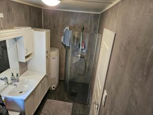 a bathroom with a shower and a sink at Frozen Arctic Waterfall Appartment in Tromsø