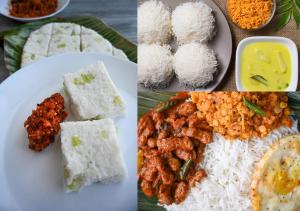 a collage of four pictures of rice and food at Bhashiz Villa in Negombo