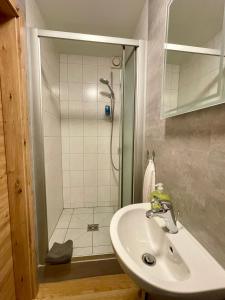 un bagno con lavandino e doccia di Ferienwohnung Dorfblick Bad Bocklet a Bad Bocklet