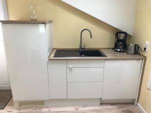 a kitchen with a sink and a counter top at Fiore Gästezimmer A13 in Esselbach +4 photos